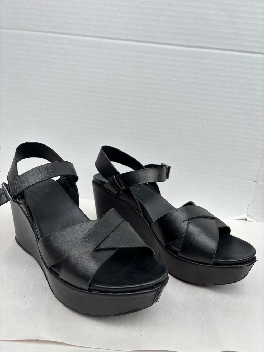 Kork-Ease Black Platform Wedge Sandals Crisscross Ankle Straps Size 10M